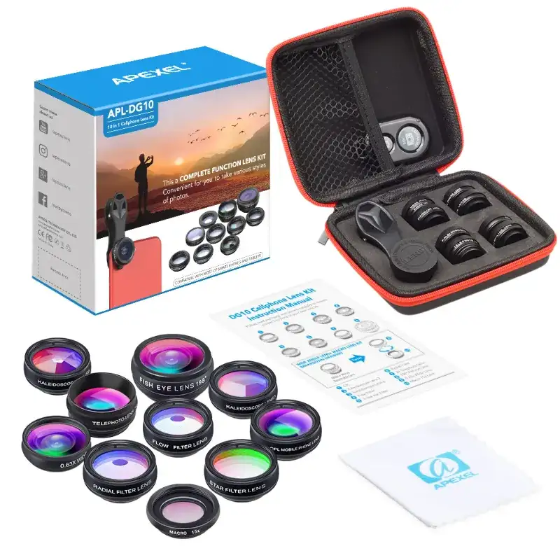 Apexel APL-DG10 10-in-1 Phone Camera Lens Kit – Universal Clip-On Smartphone Lens Set with 198° Fisheye, 0.63x Wide Angle, 15x Macro, Telephoto & Filter Lenses
