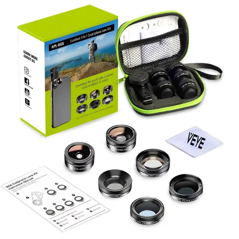 Apexel 6-in-1 Phone Camera Lens Kit – Universal Clip-On Smartphone Lens Set with 205° Fisheye, 120° Wide Angle, 25x Super Macro, CPL, ND32 & Star Filters