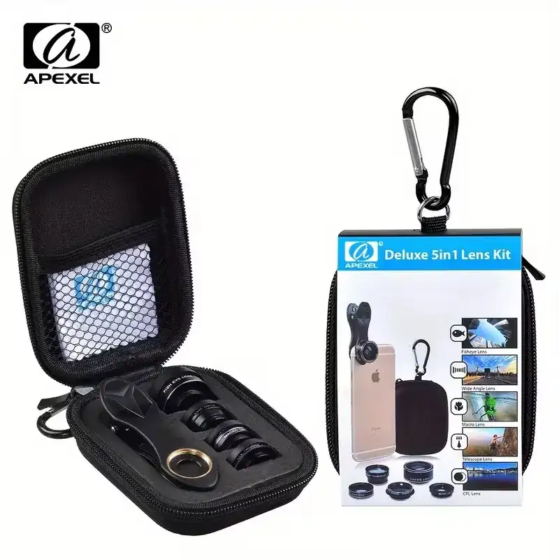 Apexel 5-in-1 HD Phone Camera Lens Kit – Universal Clip-On Smartphone Lens Set with 198° Fisheye, 0.63x Wide Angle, 15x Macro, 2x Telephoto & CPL Filter