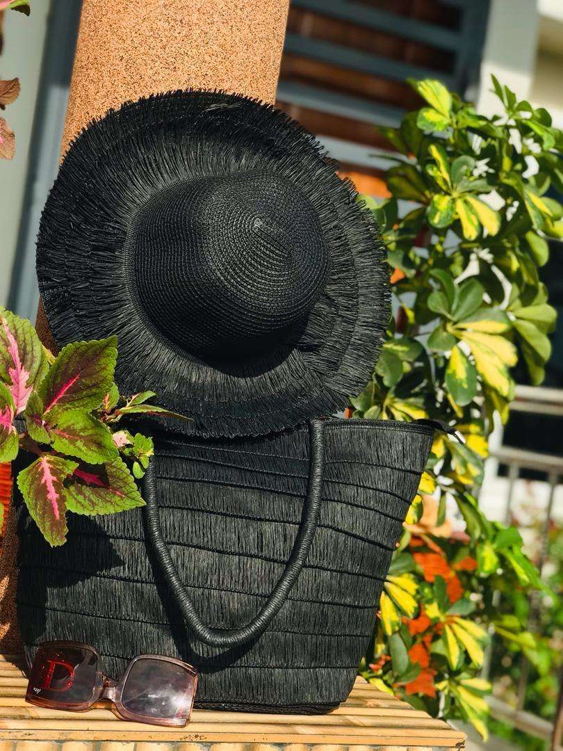 Black Straw Woven Tassel/Crochet Beach Bag and Hat