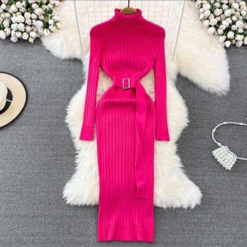 Free Size Knitted Bodycon Dress with Belt