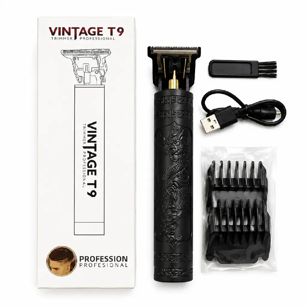 VINTAGE T9 Professional Hair Trimmer – Cordless Rechargeable Electric Beard & Hair Clipper with T-Blade, Adjustable Guide Combs, USB Charging & Cleaning Brush