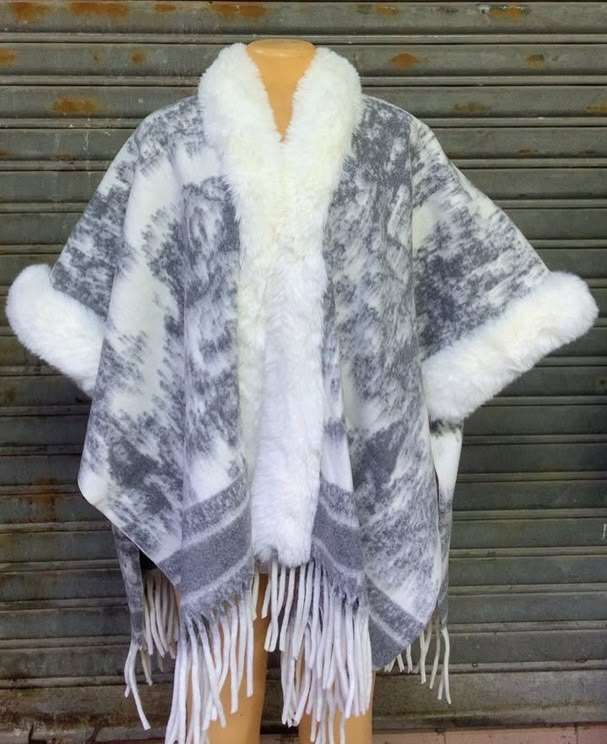 Umfun Women's Velvet Faux Fur Trim Fringed Cape Wrap Patterned Shawl Mid-Length Relaxed Fit Casual Winter