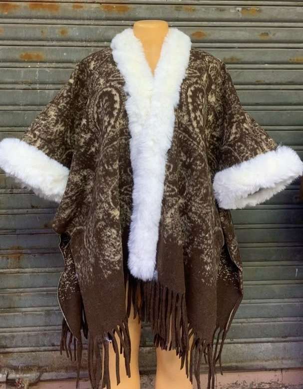 Umfun Women's Velvet Faux Fur Trim Fringed Cape Wrap Patterned Shawl Mid-Length Relaxed Fit Casual Winter