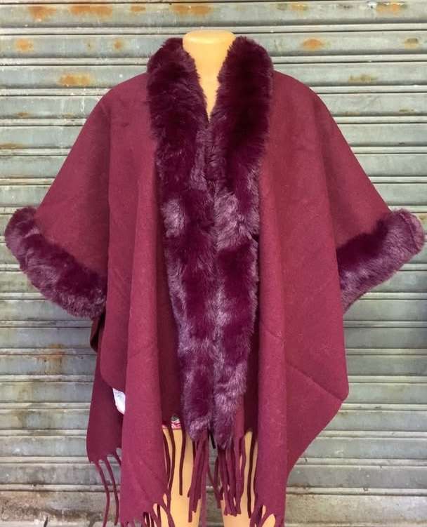 Umfun Women's Velvet Faux Fur Trim Fringed Cape Wrap Patterned Shawl Mid-Length Relaxed Fit Casual Winter