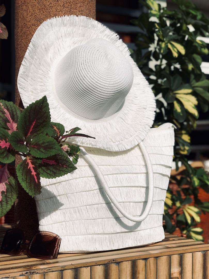 White Straw Woven Tassel/Crochet Beach Bag and Hat