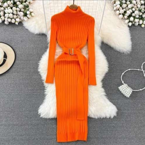 Free Size Knitted Bodycon Dress with Belt