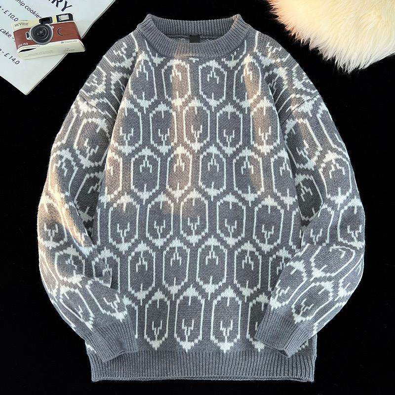 Free Size Men's Winter Warm Retro Round Neck Thickened Knitted Sweater
